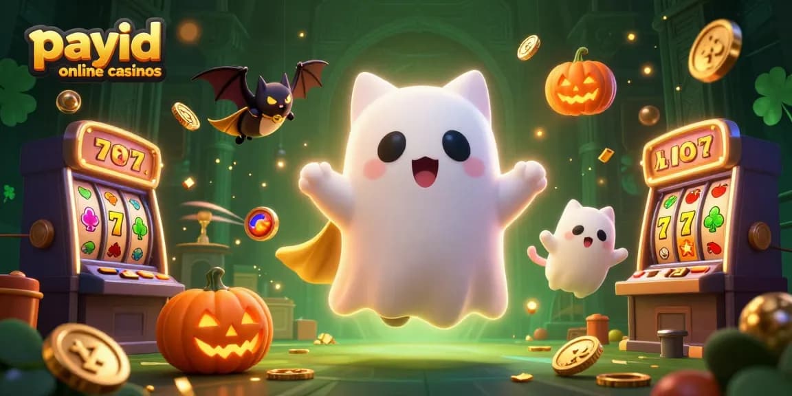 Experience payid online casinos with a ghost cat and vampire bat in a haunted casino scene.