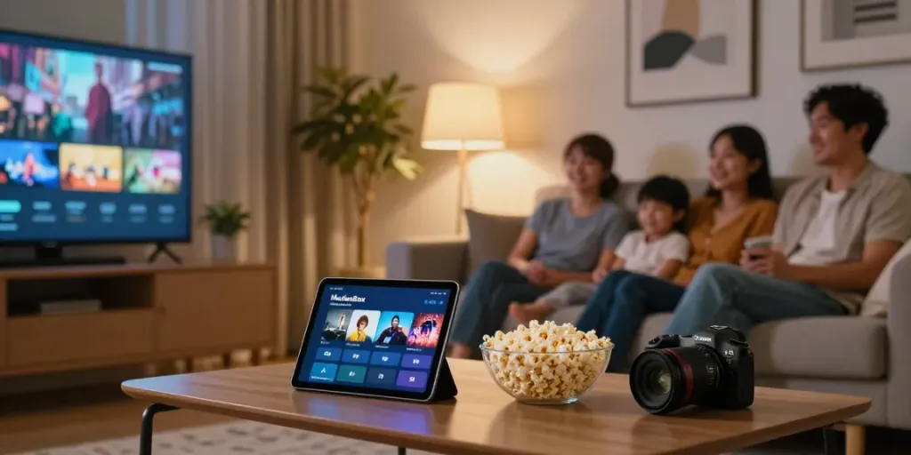 Family enjoying the MoviesBox app in a cozy living room with warm lighting.