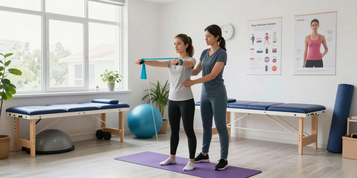 Physio near me Burlington - Physiotherapist assisting a patient with rehabilitation exercises in a bright, welcoming clinic.